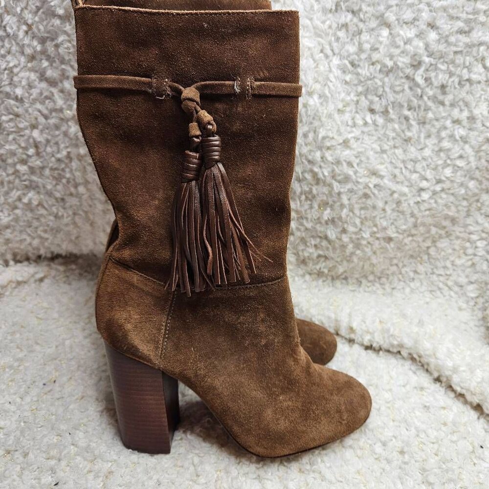 Vince Camuto Fermel Tan Suede Leather Tasseled Heeled Boots‎ sz 8